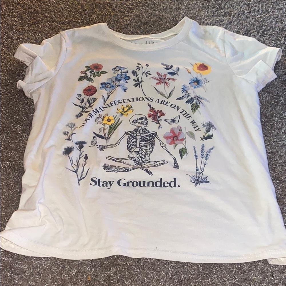 White Graphic Tee with Floral and Skeleton Design